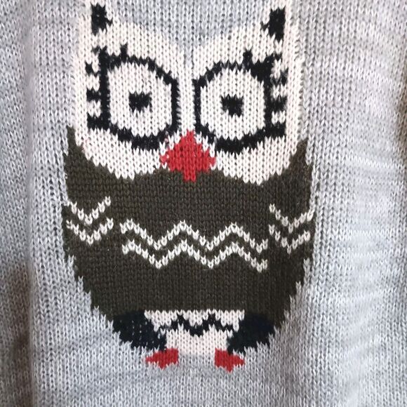 Rewind Owl Face Knit Sweater Sz S Gray -Crew Neck -Soft -Long Sleeve - Picture 4 of 11